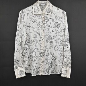 Vtg Womens Floral Silk Top Size 10 Satin Black Ivory Print Blouse STARINGTON 80s